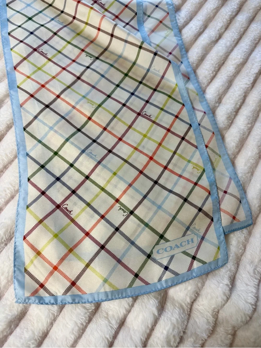 Vintage Coach Women's Tattersall Scarf, Pastel blue Trim, 100% Silk, Oblong ~Y2K